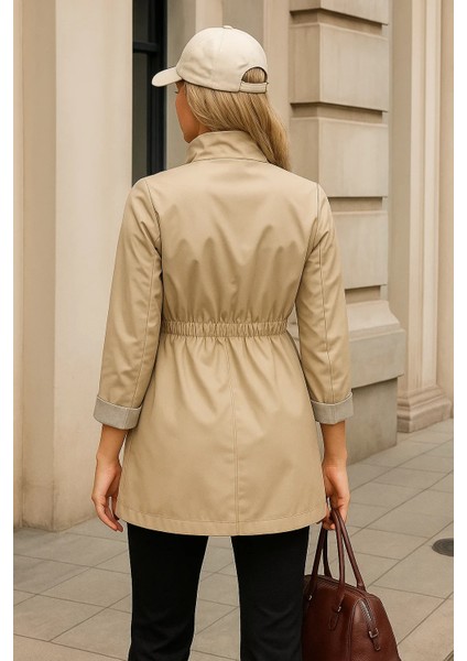 Kadın Premium Fermuarlı Çizgili Bej Kısa Trençkot indirimleri