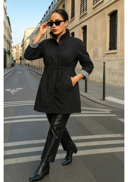 Kadın Çizgili Basic Trend Siyah Kısa Trençkot fiyatları