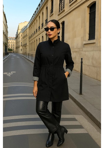 Kadın Çizgili Basic Trend Siyah Kısa Trençkot fırsatları