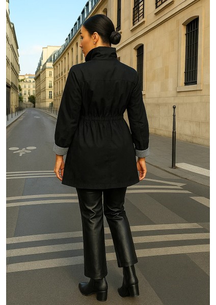 Kadın Çizgili Basic Trend Siyah Kısa Trençkot