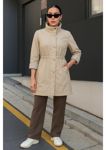 Kadın Çizgili Astarlı Basic Bej Kısa Trençkot