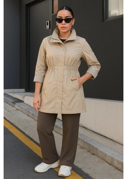 Kadın Çizgili Astarlı Basic Bej Kısa Trençkot fiyatları