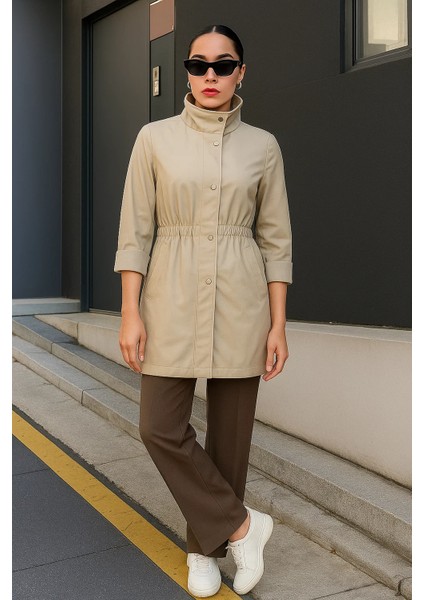 Kadın Çizgili Astarlı Basic Bej Kısa Trençkot modelleri