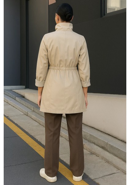 Kadın Çizgili Astarlı Basic Bej Kısa Trençkot indirimleri