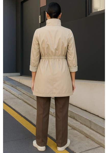 Kadın Çizgili Astarlı Basic Bej Kısa Trençkot