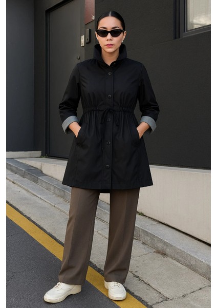 Kadın Çizgili Astarlı Basic Siyah Kısa Trençkot