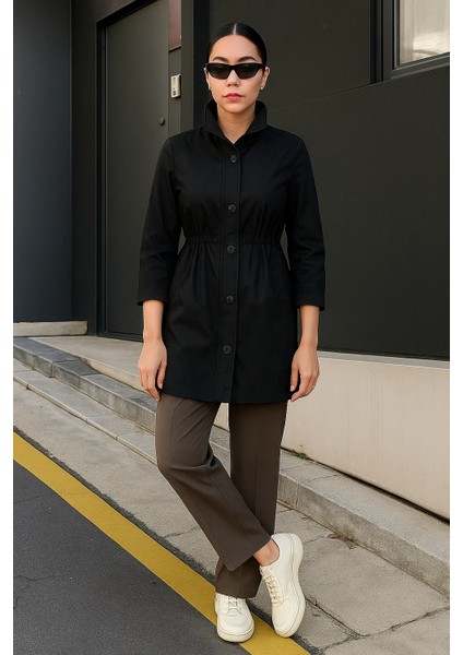 Kadın Çizgili Astarlı Basic Siyah Kısa Trençkot modelleri