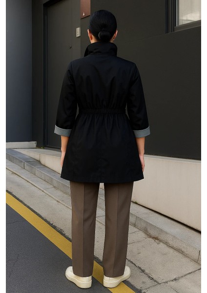 Kadın Çizgili Astarlı Basic Siyah Kısa Trençkot