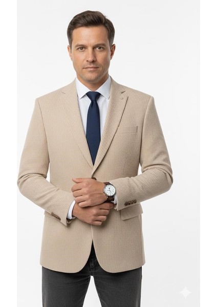 Erkek Bej Slim Fit Blazer Ceket – Çizgili Dokulu Kumaş – Çift Düğmeli