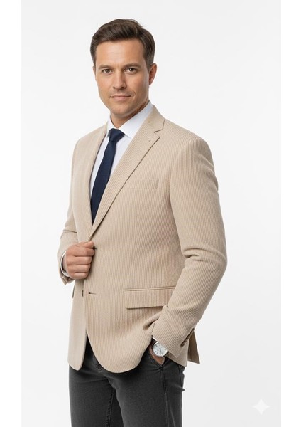 Erkek Bej Slim Fit Blazer Ceket – Çizgili Dokulu Kumaş – Çift Düğmeli fiyatları