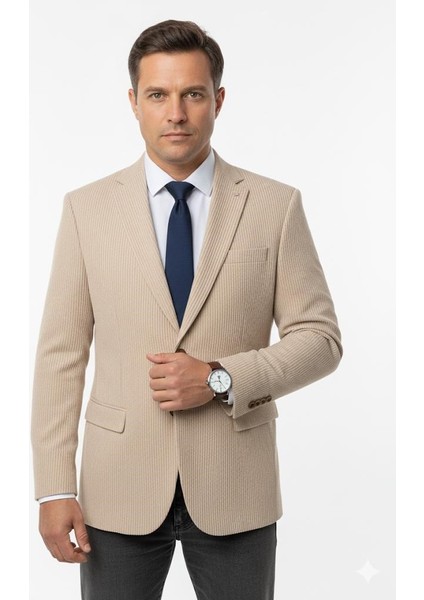 Erkek Bej Slim Fit Blazer Ceket – Çizgili Dokulu Kumaş – Çift Düğmeli fırsatları