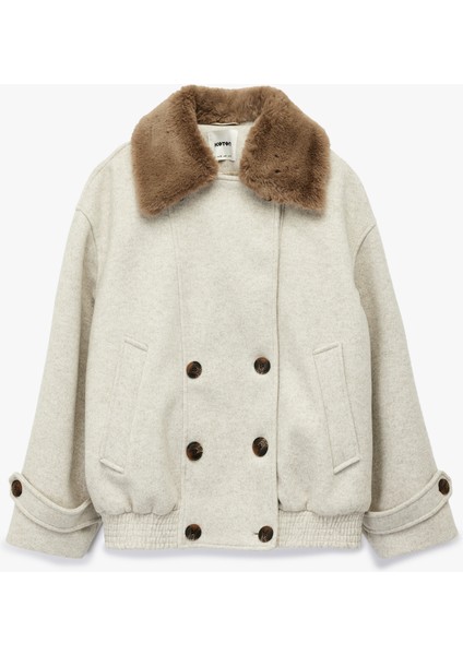 Suni Kürk Yaka Kısa Kaban Düğmel Cepli Uzun Kollu