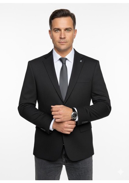 Erkek Bej Slim Fit Blazer Ceket – Çizgili Dokulu Kumaş – Çift Düğmeli