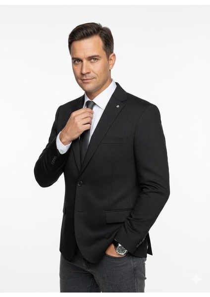 Erkek Bej Slim Fit Blazer Ceket – Çizgili Dokulu Kumaş – Çift Düğmeli fiyatları