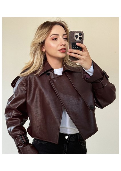 Bordo Tek Düğme Kapamalı Kısa Deri Ceket