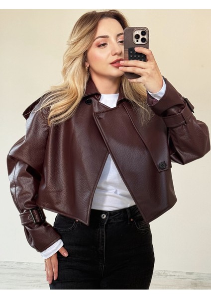 Bordo Tek Düğme Kapamalı Kısa Deri Ceket fiyatları