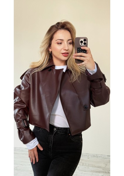 Bordo Tek Düğme Kapamalı Kısa Deri Ceket modelleri