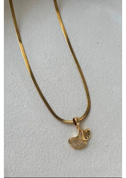 Çelik Ginkgo Yaprağı Kolye Yılan Zincirli Kararmaz Takı