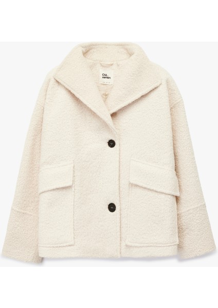 Uzun Kollu Kruvaze Yaka Düğmeli Cepli Buklet Kaban