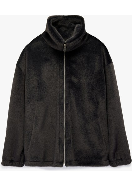 Fermuarlı Dik Yaka Uzun Kollu Suni Kürk Oversize Ceket