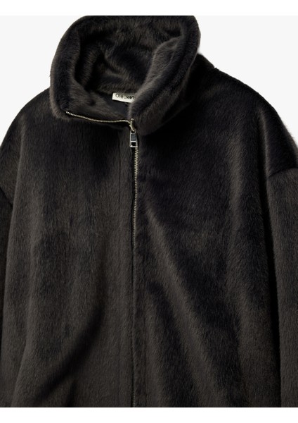 Fermuarlı Dik Yaka Uzun Kollu Suni Kürk Oversize Ceket modelleri