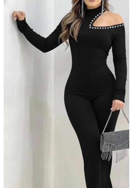 Kadın Tek Omuzdan Açık Balıkçı Yaka Taş Detaylı Uzun Ithal Krep Tulum fiyatları