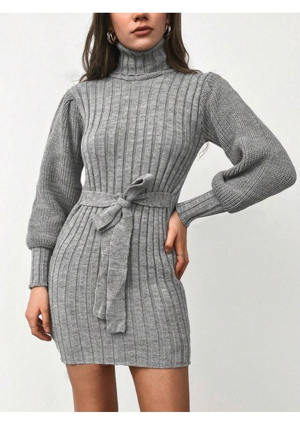 Kadın Uzun Kollu Balıkçı Yaka Beli Kuşaklı Mini Triko Elbise modelleri