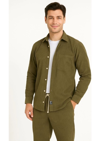 Erkek Kadife Oversize Takım – Gömlek ve Pantolon Ikili Set Füme Corduroy Şıklığı, Rahat V modelleri