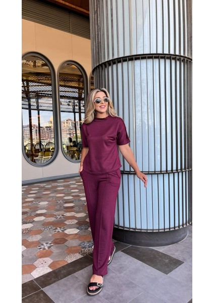 Kadın Kısa Kollu Bisiklet Yaka Omuzdan Düğmeli Viskon Iki Iplik Kısa Bluz ve Pantolon Ikili Tak fiyatları