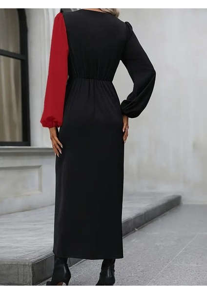 Kadın Uzun Kollu Kruvaze Yakalı Belden Çapraz Detaylı Çift Renkli Midi Ithal Krep Elbise fırsatları