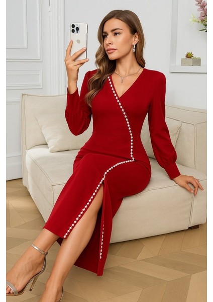 Kadın Uzun Kollu V Yakalı Yırtmaçlı Taşlı Uzun Ithal Krep Elbise modelleri