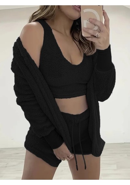 Kadın Uzun Kollu Ceket, Askılı Peluş Bluz ve Şort Üçlü Takım