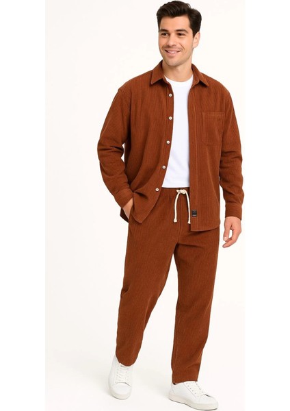 Erkek Kadife Oversize Takım – Gömlek ve Pantolon Ikili Set Füme Corduroy Şıklığı, Rahat V