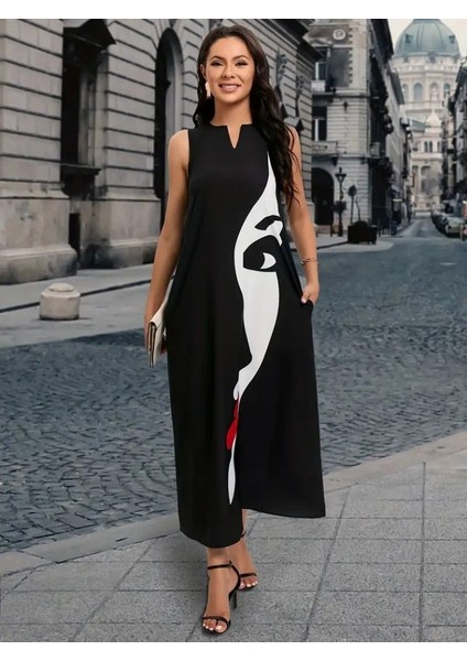 Kadın Sıfır Kol V Yakalı Kadın Yüz Desenli Süprem Elbise modelleri