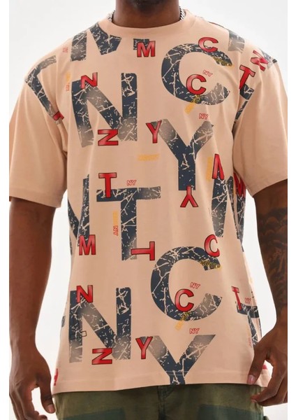 Unisex Baskılı Oversize T-Shirt - Bej