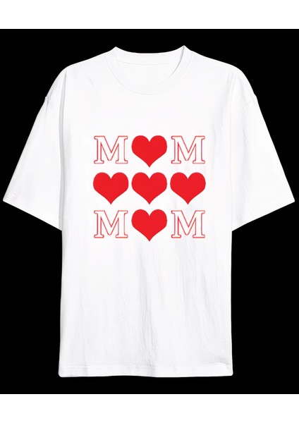 Anneler Gününe Özel Tasarım Mom Kalp Baskılı T-Shirt - Beyaz