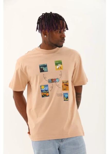 Unisex Oversize Baskılı Bisiklet Yaka T-Shirt - Bej modelleri