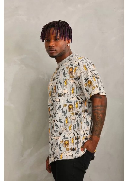 Unisex Oversize Baskılı Bisiklet Yaka T-Shirt - Gri fırsatları