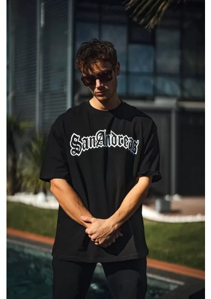 Unisex Bisiklet Yaka Baskılı Oversize T-Shirt - Siyah