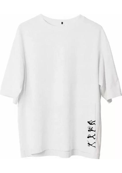 Unisex Bisiklet Yaka Baskılı Oversize T-Shirt - Beyaz