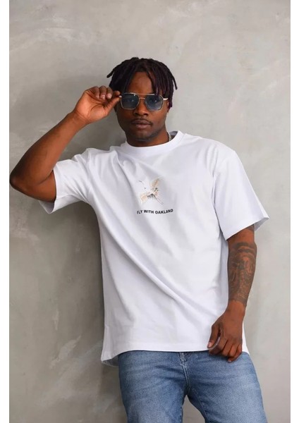 Unisex Baskılı Oversize T-Shirt - Beyaz fırsatları