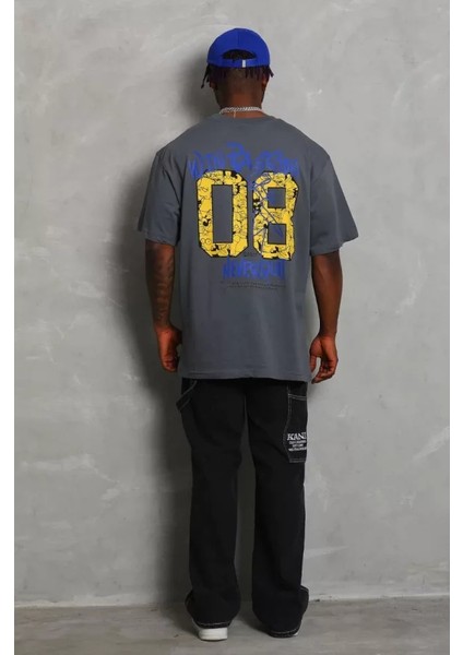 Unisex Oversize Baskılı Bisiklet Yaka T-Shirt - Füme modelleri