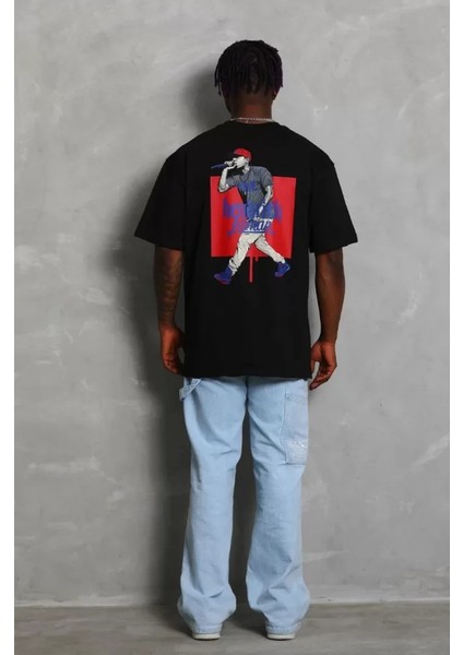 Unisex Oversize Baskılı Bisiklet Yaka T-Shirt - Siyah