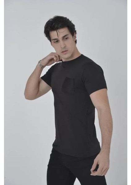 Erkek File Cepli Slim Fit T-Shirt - Siyah modelleri