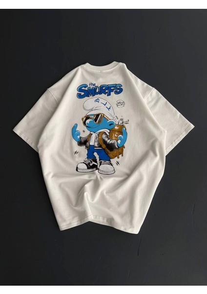 Ön ve Arka Baskılı Oversize Bisiklet Yaka T-Shirt- Beyaz fiyatları