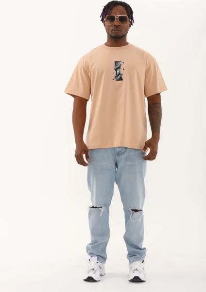 Unisex Oversize Baskılı Bisiklet Yaka T-Shirt - Bej modelleri