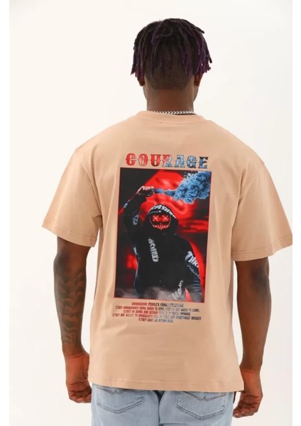 Unisex Oversize Baskılı Bisiklet Yaka T-Shirt - Bej fırsatları