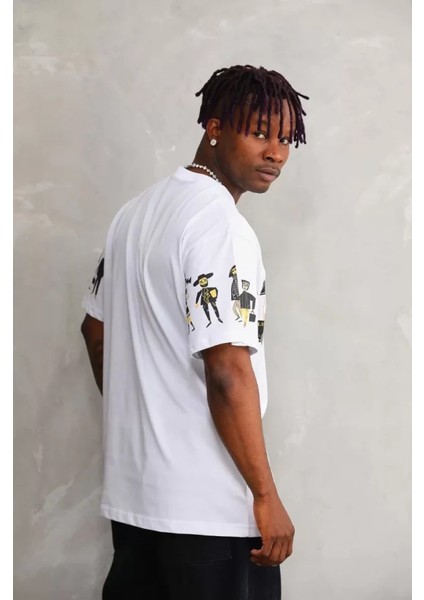 Unisex Bisiklet Yaka Baskılı Oversize T-Shirt - Beyaz modelleri