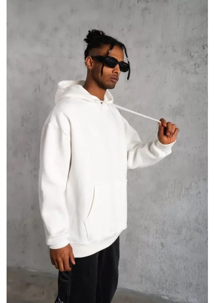 Erkek Düz Kapüşonlu Sweat - Beyaz fiyatları