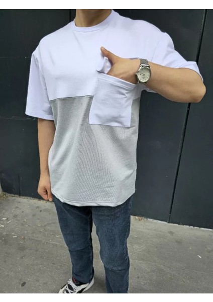 Unisex Torba Cep Detaylı Parçalı T-Shirt - Gri fırsatları
